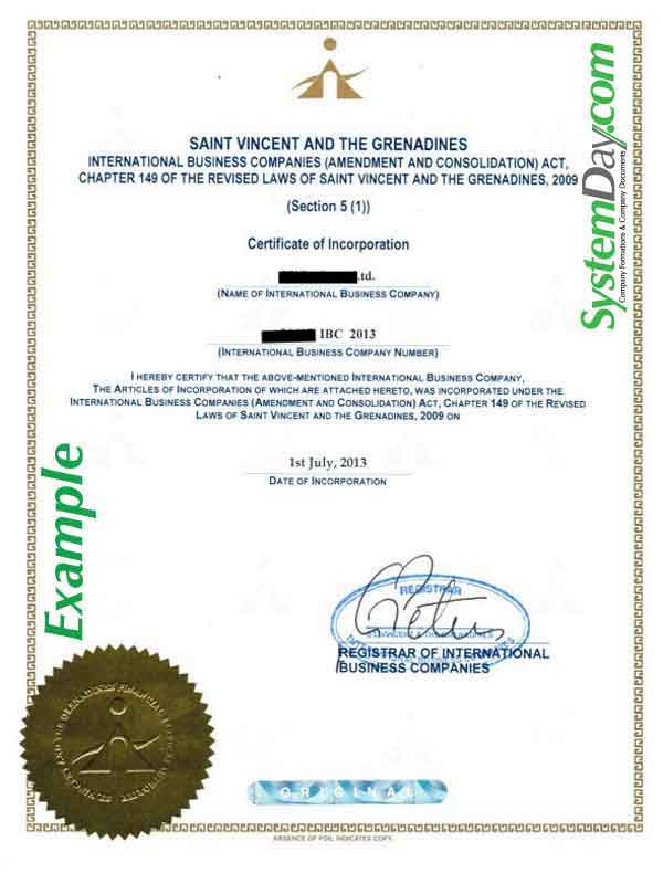 Saint Vincent Certificate of Incorporation