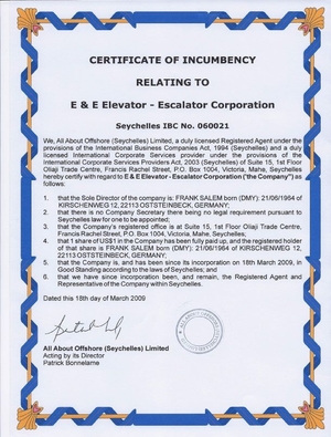 Seychelles certificate of incumbency