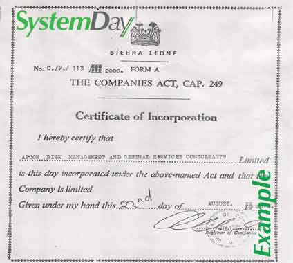 Sierra Leone Certificate of Incorporation