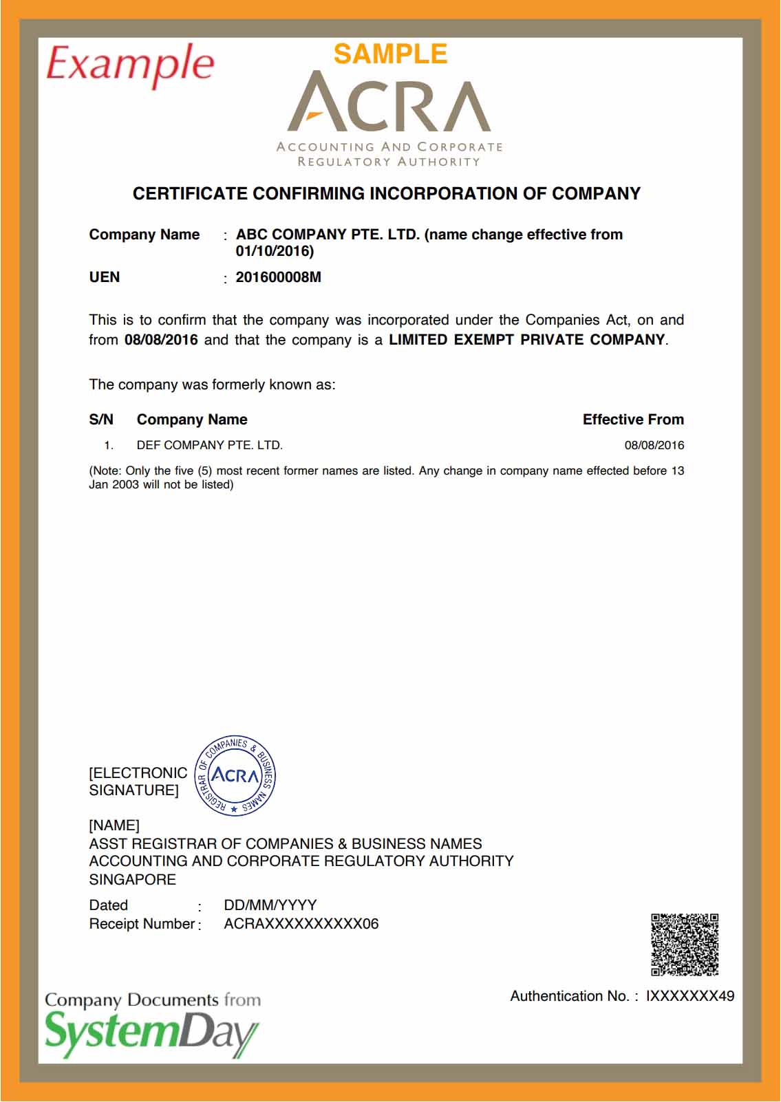 Singapore Certificate of Incorporation