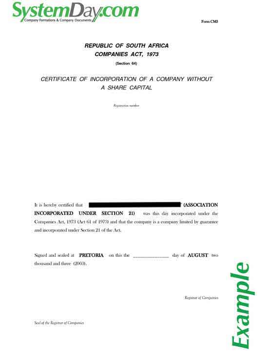 South Africa Certificate of Incorporation