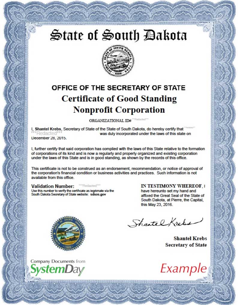 Certificate of Good Standing South Dakota example