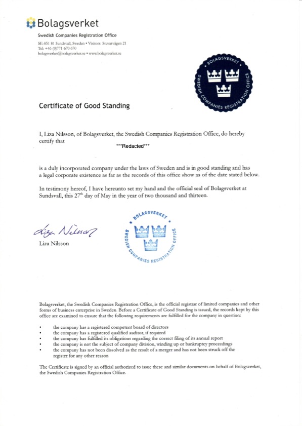 Certificate of Good Standing Sweden example
