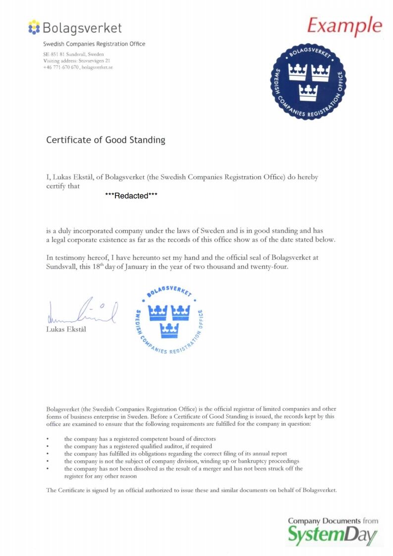 Certificate of Good Standing Sweden example