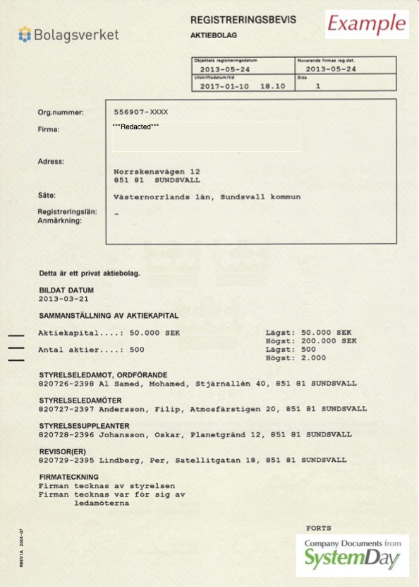 Sweden Certificate of Incorporation