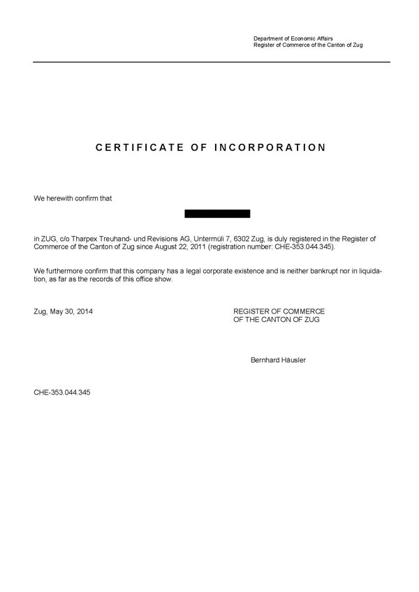 Switzerland Certificate of Incorporation