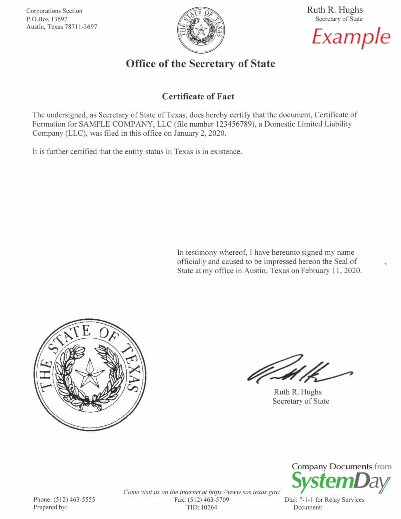 Certificate of Good Standing Texas example