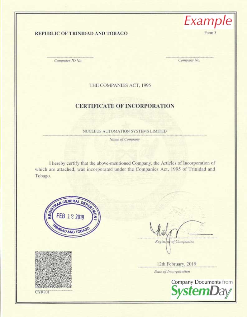 Trinidad and Tabago Certificate of Incorporation