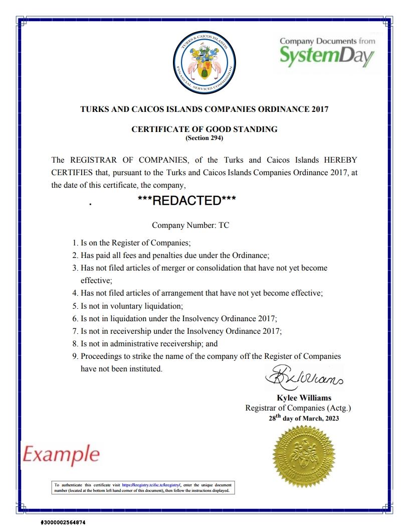 Certificate of Good standing Turks and Caicos example