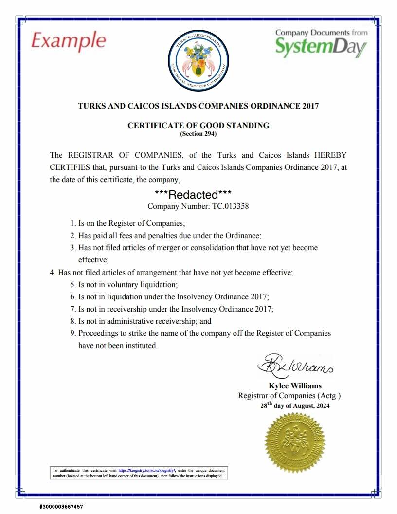 Certificate of Good standing Turks and Caicos example