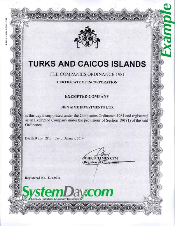 Turks and Caicos Certificate of Incorporation