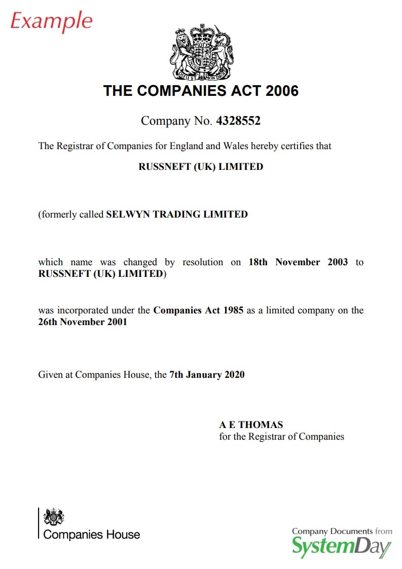 UK Certificate of Incorporation