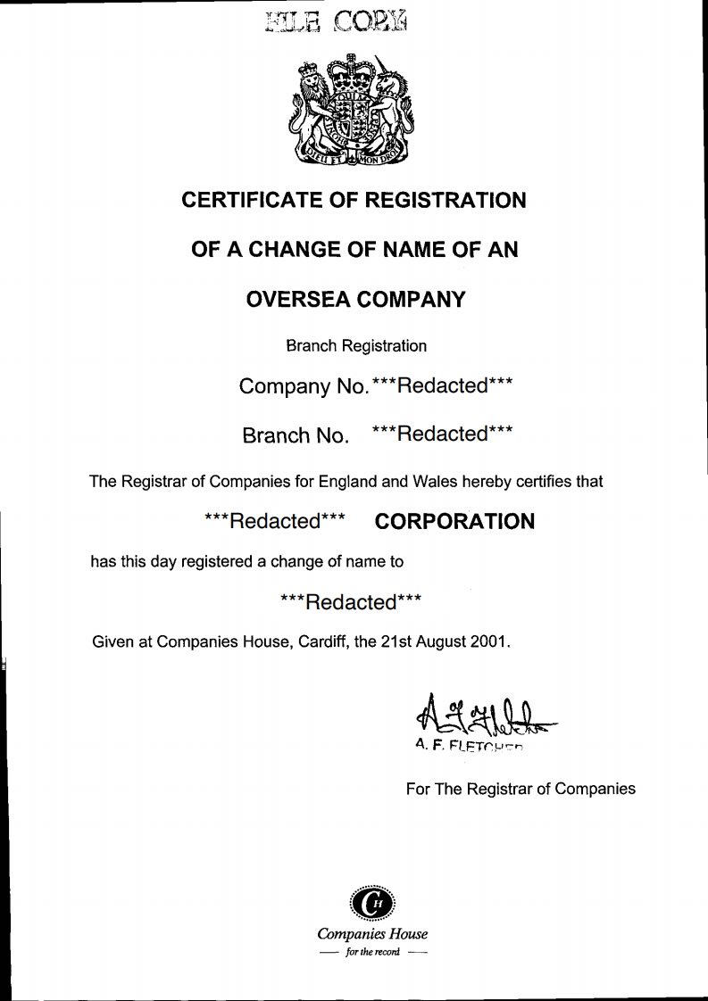 Copy Certificate Of Corporation