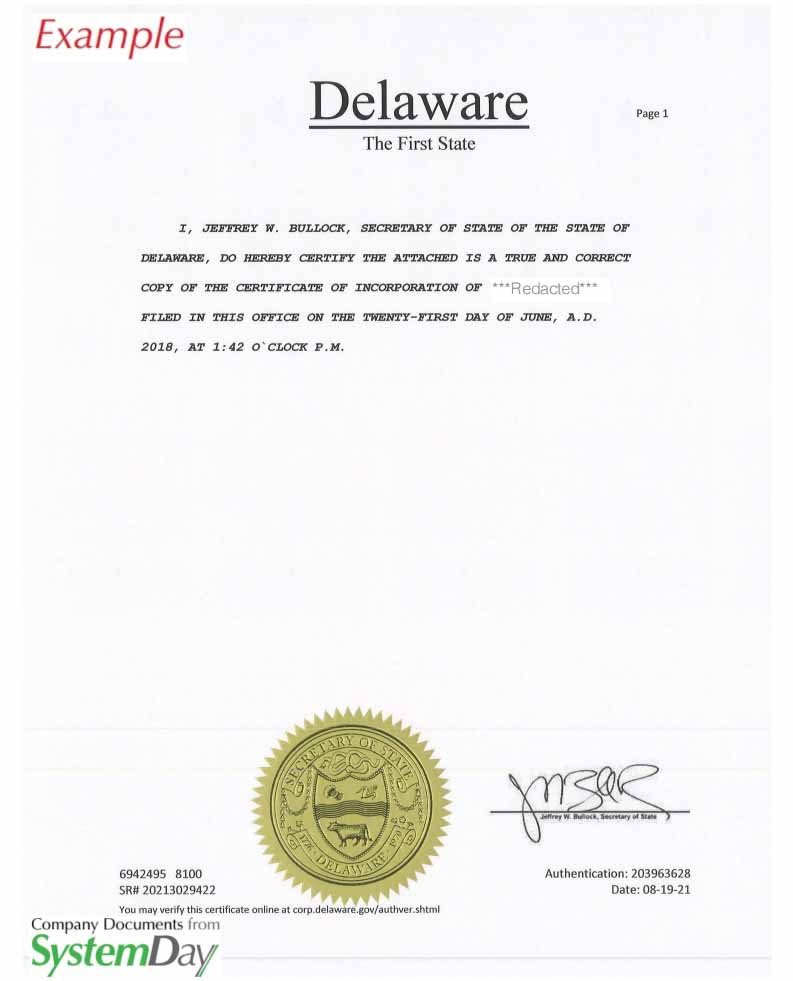 Certificate of Good Standing Delaware Example