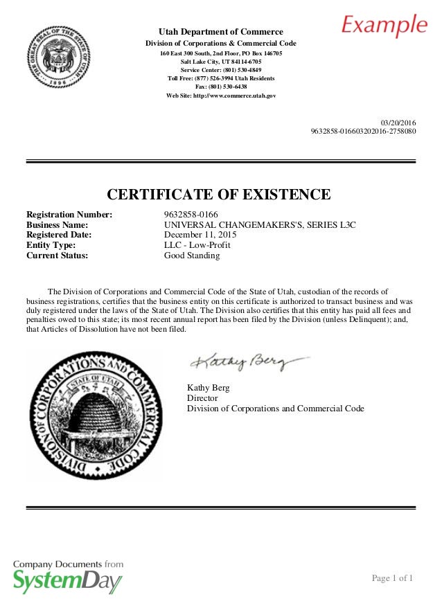 Certificate of Good Standing Utah example