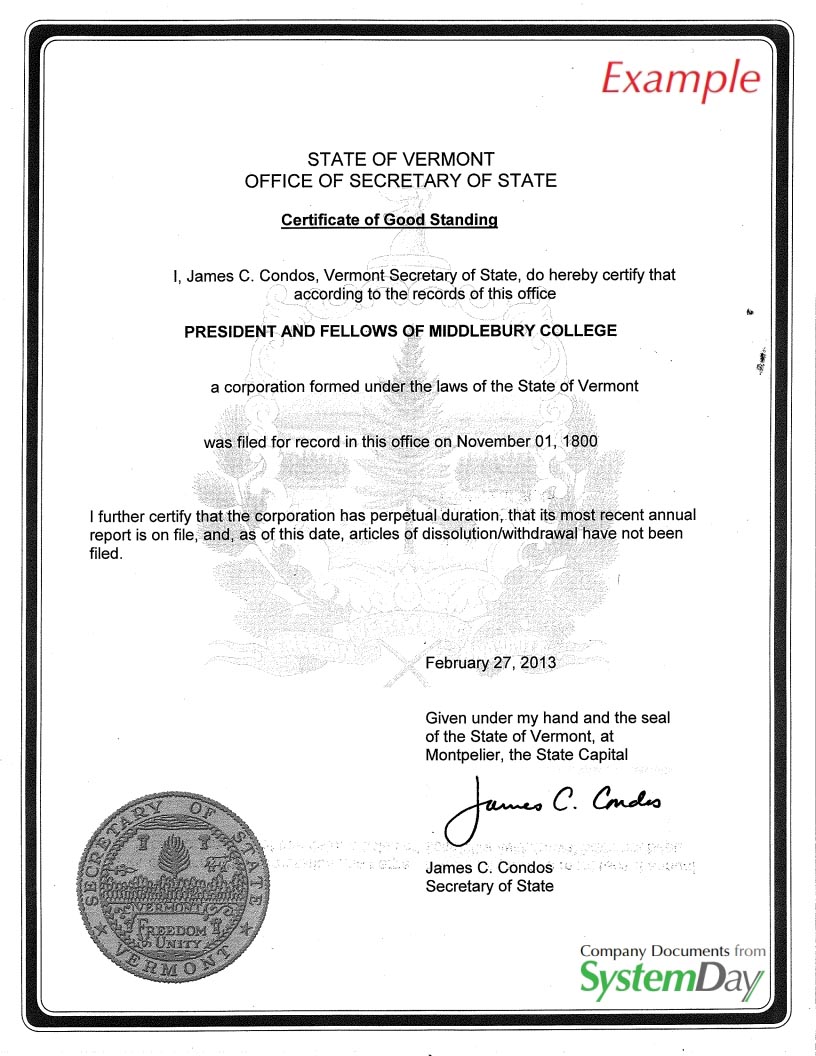 Certificate of Good Standing Vermont example