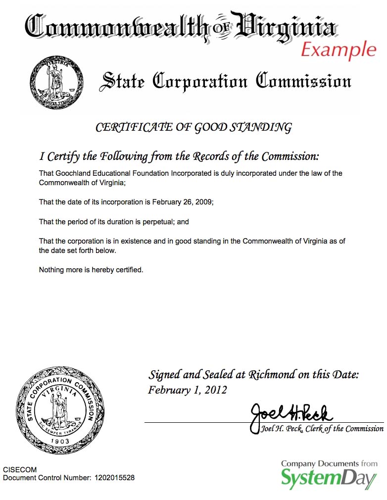 certificate of Good Standing Virginia example