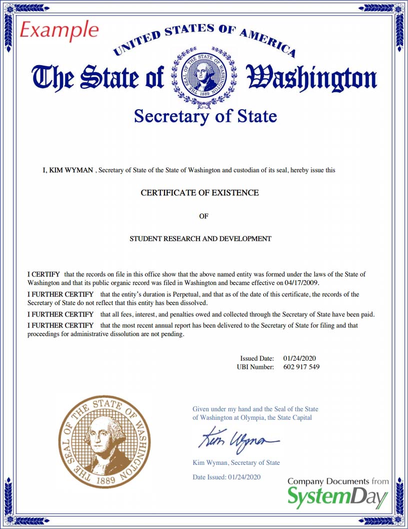 Certificate of Good Standing Washington example