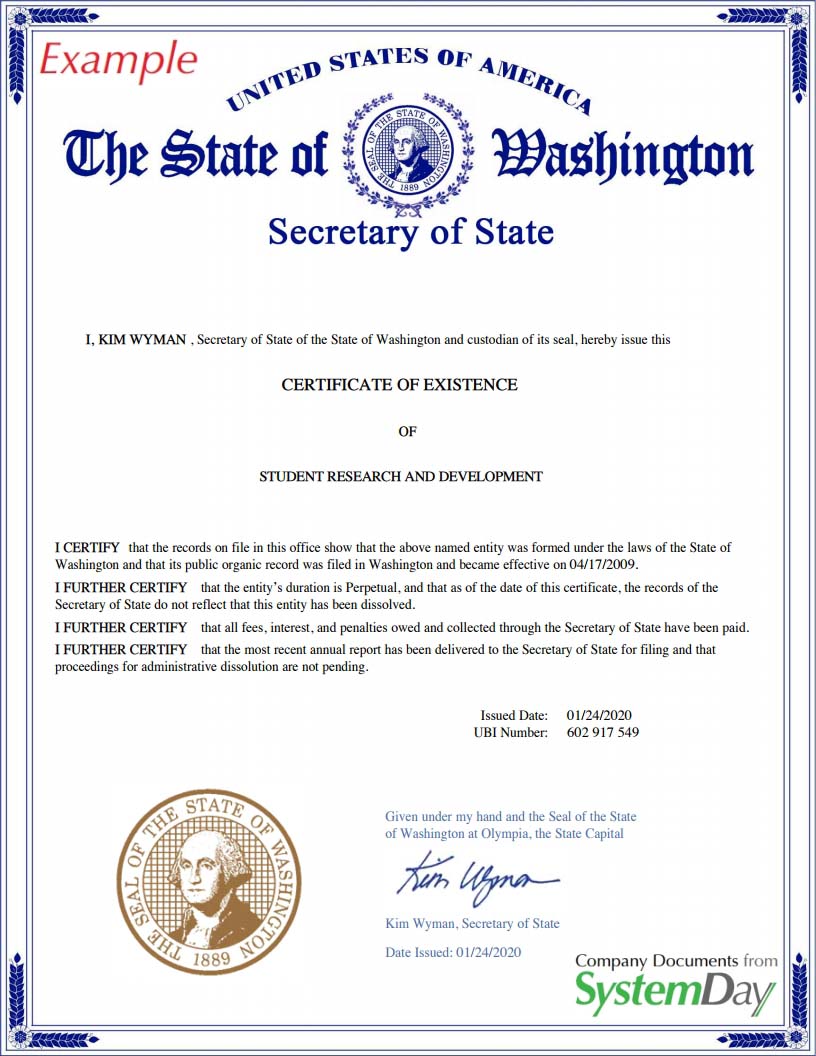 Washington Certificate of Good Standing | Certificate of Existence