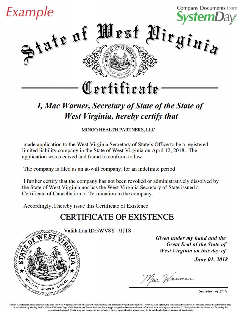 Certificate of Good Standing West Virginia example